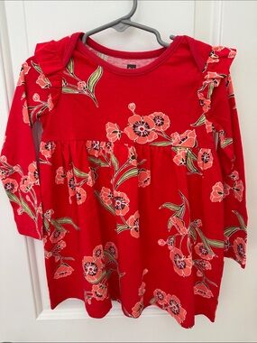NWT 18-24 months Tea Collection Red Floral Long-Sleeve Ruffle Toddler Dress